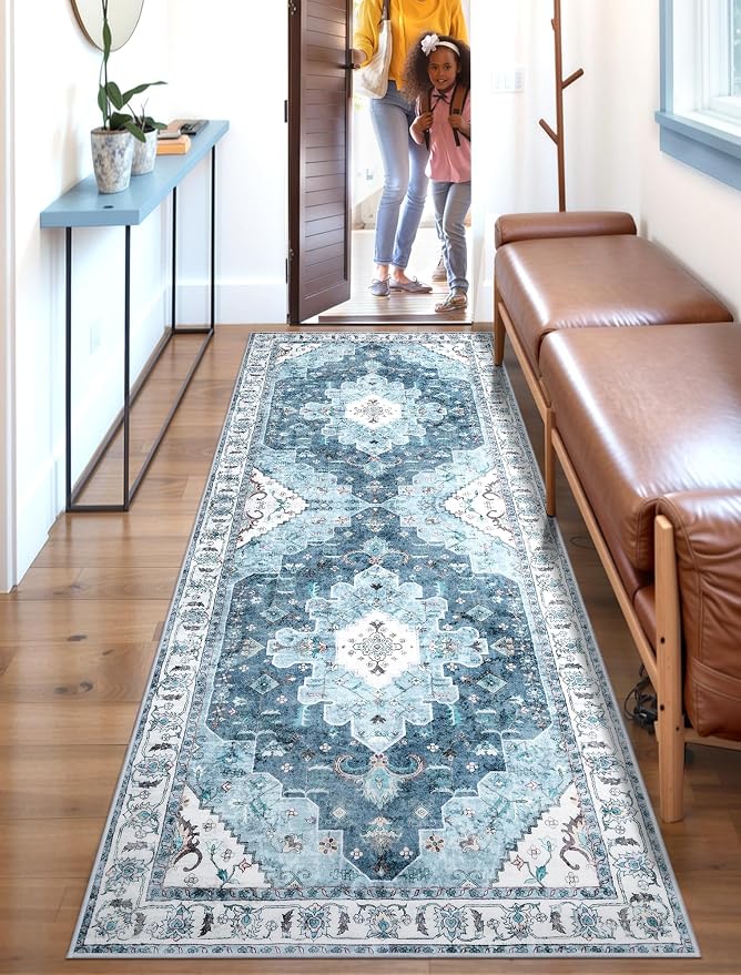 SERISSA Boho Washable Runner Rug, 2x6 Rug Non-Slip Vintage Blue Hallway Kitchen Runner Rug Ultra Soft Print Distressed Floor Carpet for Bedroom Bathroom Laundry Living Room
