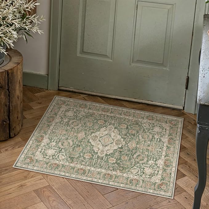 HUGEAR 2x3 Entryway Rug Green Machine Washable Rug Small Area Rugs Room Decor Vintage Distressed Indoor Door Mat Low Pile Non Slip Carpet for Kitchen Living Bedroom Soft Lightweight