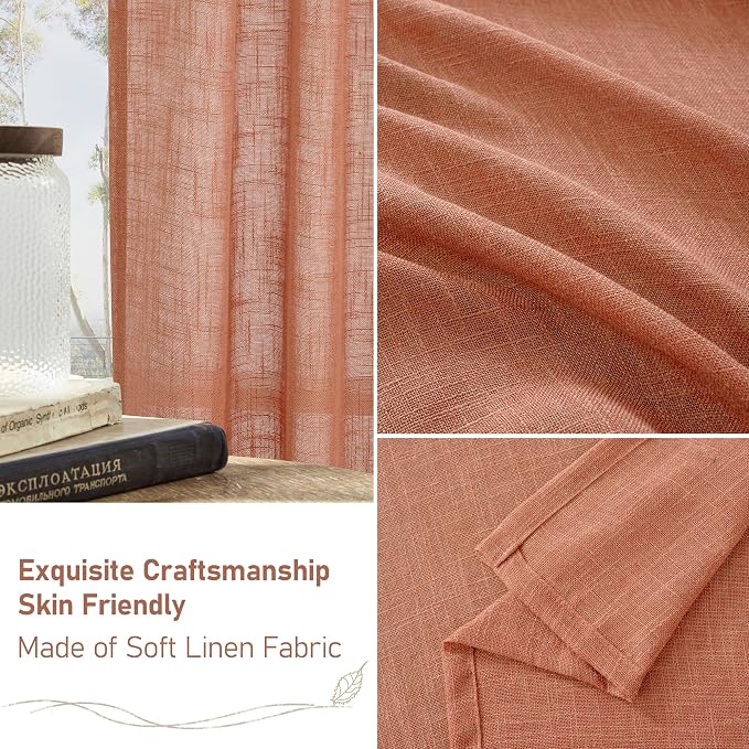 LAMIT 60 Inch Length Window Linen Curtains, Light Filtering Panels Back Tab and Rod Pocket Neutral Drapes for Bedroom/Living Room, Terracotta, 2 Panels, 34 x 60 Inch