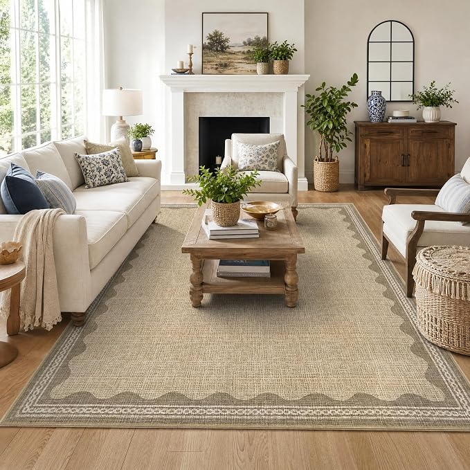 GarveeHome Scalloped Washable 8x10 Rug for Living Room Non-Slip Solid Tan Jute Digital Printing Modern Low-Pile Carpet 8 x 10 Rug for Bedroom Dining Nursery Mat with Rubber Back