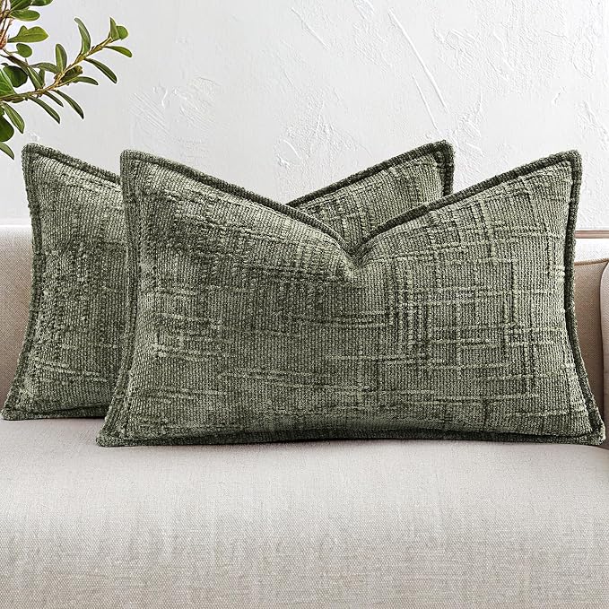 decorUhome Chenille Decorative Throw Pillow Covers 12x20 Set of 2,Olive | Soft Texture, Slubby Modern Design, Flange Edges, Cozy Lumbar Accent Pillow Covers for Couch, Sofa, Bed, Living Room