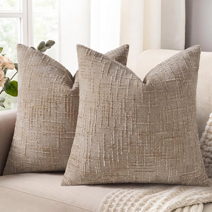 decorUhome Textured Chenille Throw Pillow Covers 20x20 Set of 2 Oatmeal | Fall Modern Farmhouse Soft Cozy Slubby Couch Pillow Cases Boho Decorative Pillow Cases for Bed Sofa Living Room Home Decor