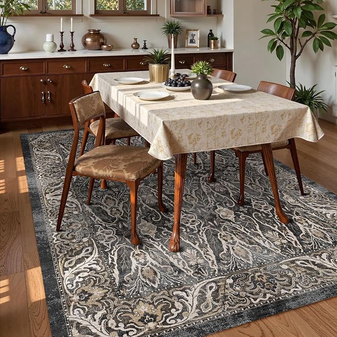 Washable Area Rug 5' x 7' Vintage Traditional Persian Mat - Foldable Distressed Non-Slip Machine Washable Carpet for Living Room Bedroom Kitchen Home Decor - Ebony and Taupe