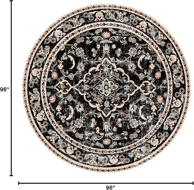 Vhong Boho Area Rugs Vintage Washable Modern Neutral Carpet Black 8×8 High Traffic Round Rugs for Dinning Room Living Room Bedroom Farmhouse Non Slip