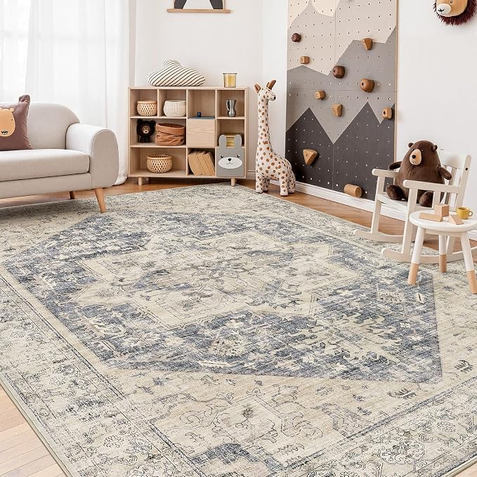 8x10 Area Rugs for Living Room - Large Carpet Ultra Thin Soft Washable Oriental Vintage Floral Distressed Big Indoor Carpets for Bedroom Nursery Dorm Home Decor Aesthetic - Blue Beige