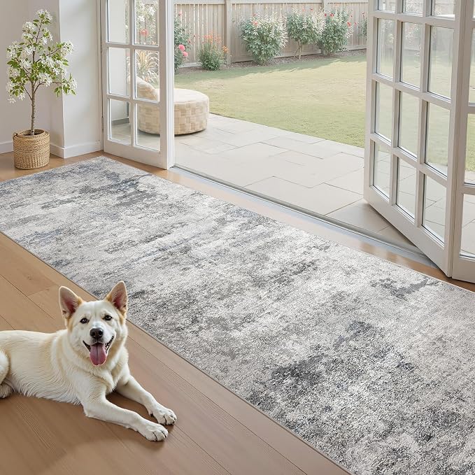 DMOYEST 3x10 Washable Runner Rug, Non Slip Low Pile Carpet Runner for Hallway and Entryway, Kid & Pet Friendly Abstract Modern Area Rug for Kitchen and Dining Room - Grey Blue