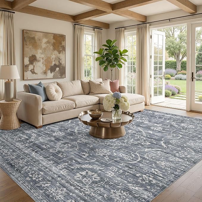 Nakagishi 7x9 Area Rugs Living Room: Washable Large Vintage Rug Neutral Non-Slip Soft Stain Resistant Indoor Carpet for Bedroom Nursery Dining Room Office Playroom - Retro Blue