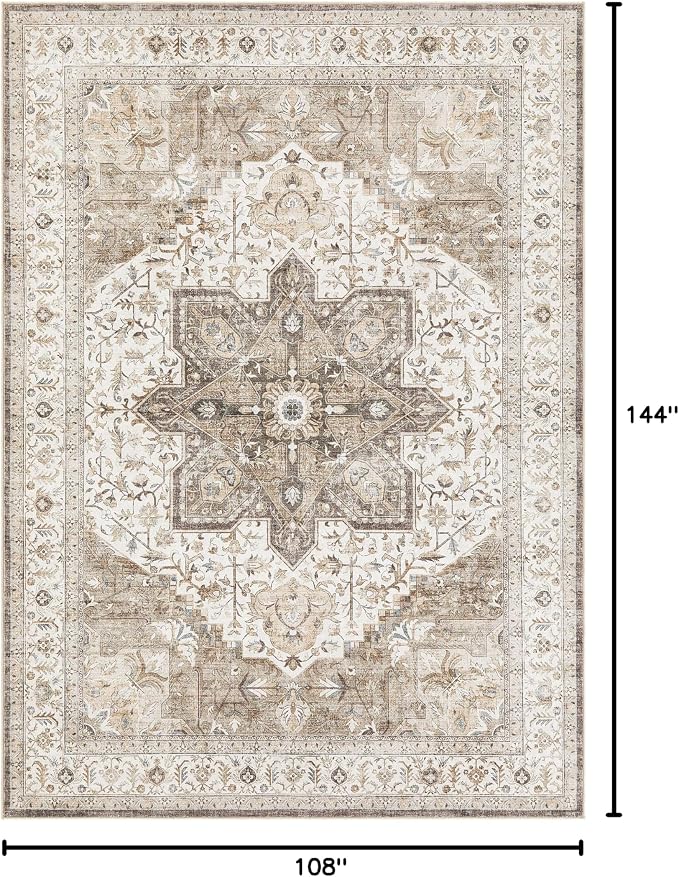 Tortania Area Rug Living Room Rugs - 9x12 Washable Boho Rug Vintage Oriental Distressed Farmhouse Large Thin Indoor Carpet for Living Room Bedroom Under Dining Table Home Office - Brown