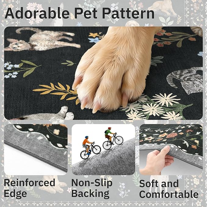 Soalmost Dog 8x10 Area Rugs for Living Room, Washable Animal Soft Rug Black | Floral Vintage Non-Slip Low Pile Cute Throw Large Rugs for Classroom Bedroom Dining Room Nursery Playroom 8' x 10'