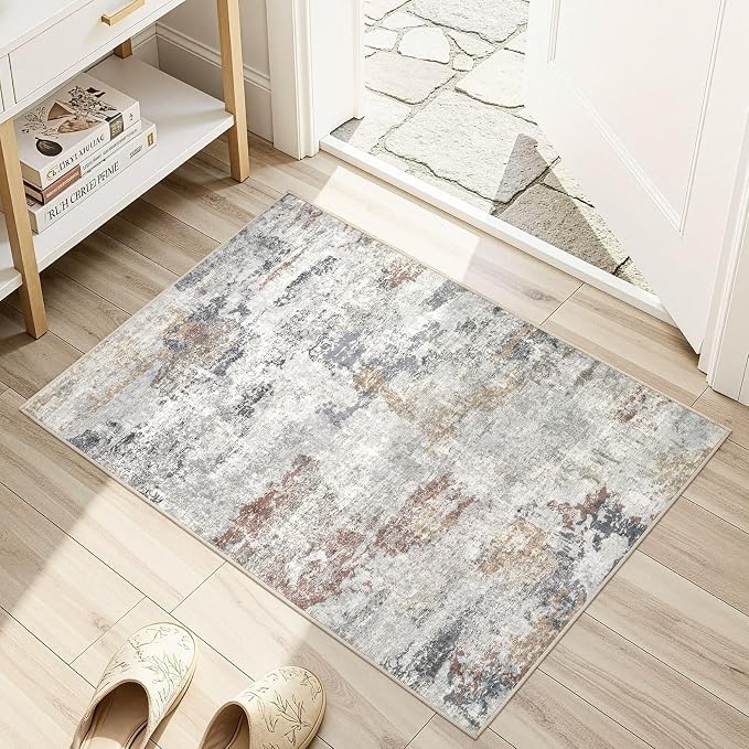 DMOYEST 2x3 Small Area Rug - Washable & Non Slip Indoor Entryway Rug, Low Pile Front Door Mat, Kid & Pet Friendly Carpet for Living Room, Kitchen and Bathroom - Grey/Orange/Yellow