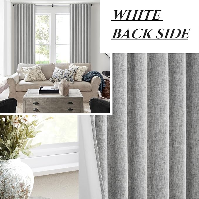 Grey Linen Room Darkening Curtains 95 Inches Long 2 Panels Set for Sliding Glass Doors, Cottage Core Blackout Pleat Light Gray Aesthetic Drapes Soundproof Privacy Window Curtain (50"W x 95"L 2Panels)