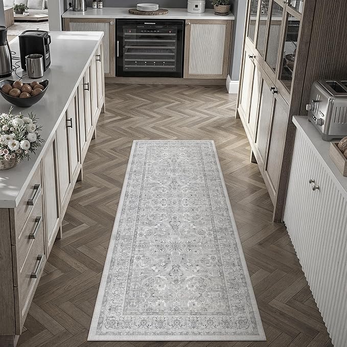 PureCozy Gray 2x6 Runner Rug Hallway Washable Vintage Carpet Kitchen Long Small Indoor Non Slip Soft Low Pile Thin Stain Resistant Distressed Accent Throw Rug for Bedroom Laundry Office Living Room