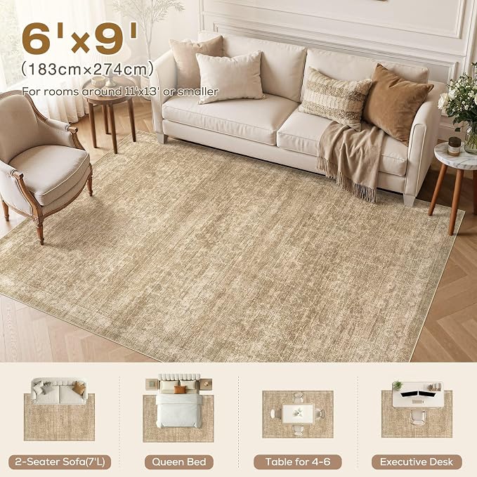 Nakagishi 6x9 Area Rugs Living Room: Washable Large Vintage Rug Neutral Non-Slip Soft Stain Resistant Indoor Carpet for Bedroom Nursery Dining Room Office Playroom - Dark Brown