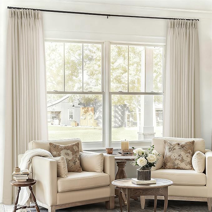 Sheer Linen Curtain 90 Inches Long 72 Inch Wide Pinch Pleated Drape | for Living Dining Room Patio Sliding Glass Door, Greyish Beige Oatmeal, Semi Sheer Privacy Drapes, with Hooks Rings, 72x90