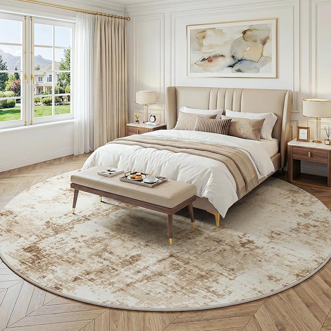 FMFUNCTEX 8ft Round Washable Area Rug Brown Beige Abstract Modern Neutral Large Non Slip Carpet for Living Room Bedroom Soft Low Pile Indoor Contemporary Thin Rug for Dining Kitchen Office Nursery