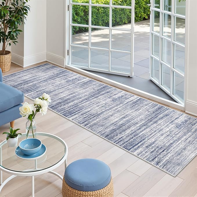 2x8 Runner Rug Non Slip,Washable Hallway Runner Rug,Blue | Neutral Rugs for Kitchen,Entryway,Bedroom,Bathroom,Nursery Room,Thin,Soft Runner Rug,Stain Resistant Indoor Carpet