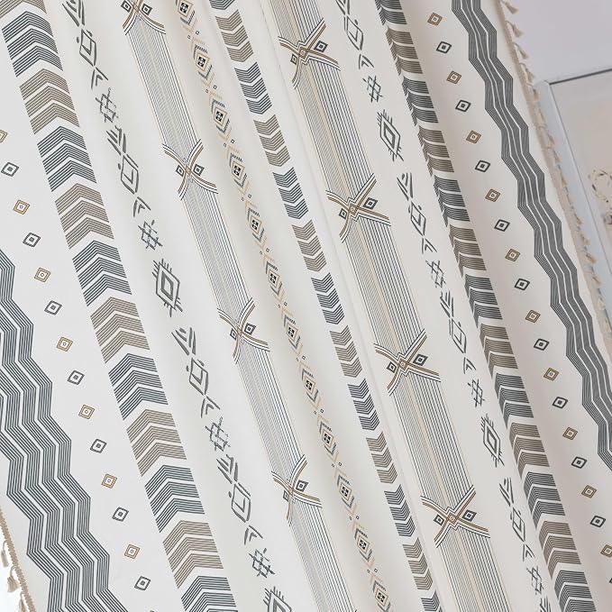 Gray Geometric Curtains 96 Inches Long, Boho Farmhouse Light Filtering Rod Pocket Drapes with Tassel Trim for Bedroom Living Room, 2 Panels