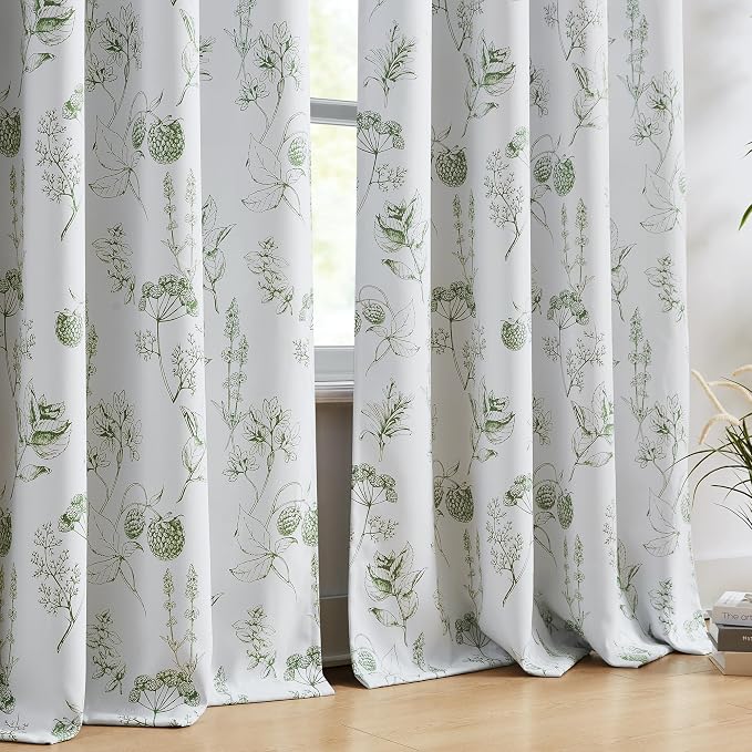FMFUNCTEX 100% Blackout Green Floral Curtains 96 Inch Back Tab 2 Panels | Black Out Drapes, Thermal Insulated Cottage Farmhouse, Lichi Patterned Extra Long Curtain for Bedroom, Living Room Darkening