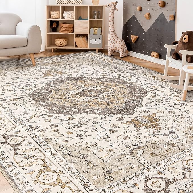 12x18 Area Rugs for Living Room - Large Carpet Ultra Thin Soft Washable Oriental Vintage Floral Distressed Big Indoor Carpets for Bedroom Nursery Dorm Home Decor Aesthetic - Camel/Beige