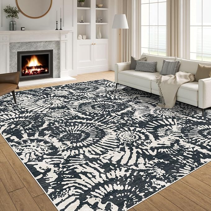 BLISSA Black White Modern 5x7 Area Rug - Ultra-Thin Washable Living Room Rug, Soft Non-Slip Geometric Neutral Abstract Rugs for Bedroom Living Room Playroom Foyer Dining Room Rugs for Under Table