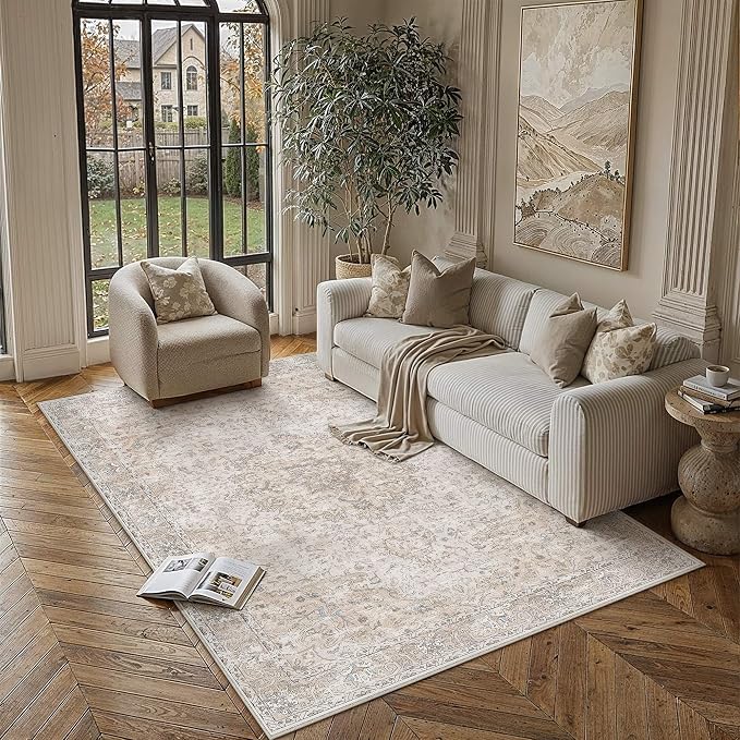 HUGEAR Beige Area Rugs 6x9 Washable Rug Indoor Carpet | Living Room Rug,Vintage Rug,Bedroom,Dining Room,Office,Farmhouse,Non-Shedding,Non Slip,Low Pile,Soft