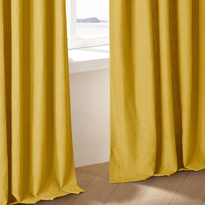 Mustard Yellow Pleated Semi Sheer Linen Curtains 120 Inches Long 2 Panel | Extra Long for Living Room Bedroom Ceiling Floor, Light Filtering, 400GSM Linen Fabric, Pinch Pleat Memory Shape Trained