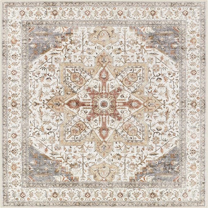 Tortania 8' Square Area Rug Living Room Rugs - Washable Boho Rug Vintage Oriental Distressed Farmhouse Large Thin Indoor Carpet for Bedroom Under Dining Table Home Office - Orange Multi