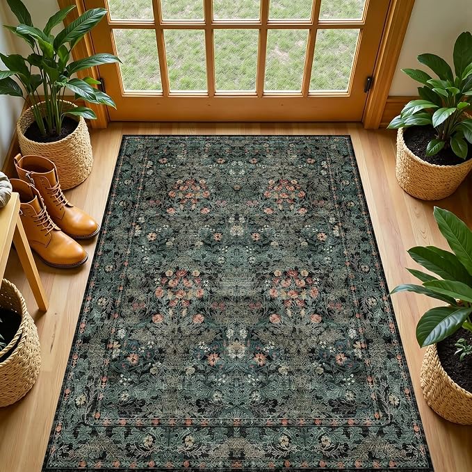 Large Moody 3x5 Rugs for Entryway Indoor, Dark Green Washable French Country Inspired Non Slip Area Rug for Dorm, Kitchen, Bedroom Bedside, Foyer, Laundry Room - Boho Distressed Floral Front Door Mat