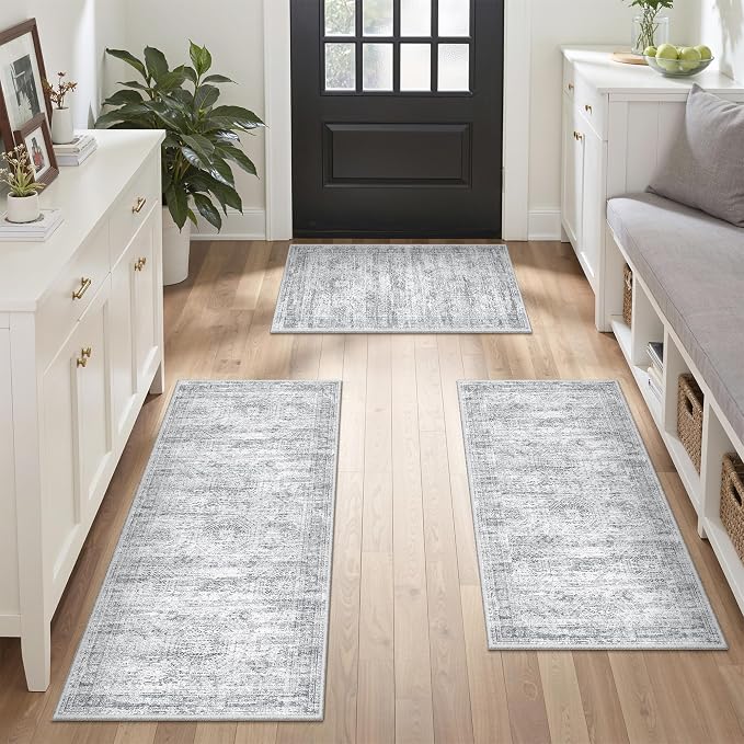 Kitchen Rugs Sets of 3, 2x3 2x4 2x5 Rug Runner,Grey | 3 Piece Washable Rug for Hallway,Entryway,Bedroom,Dining Room,Thin,Soft Runner Rug,Stain Resistant Indoor Carpet,Non Slip