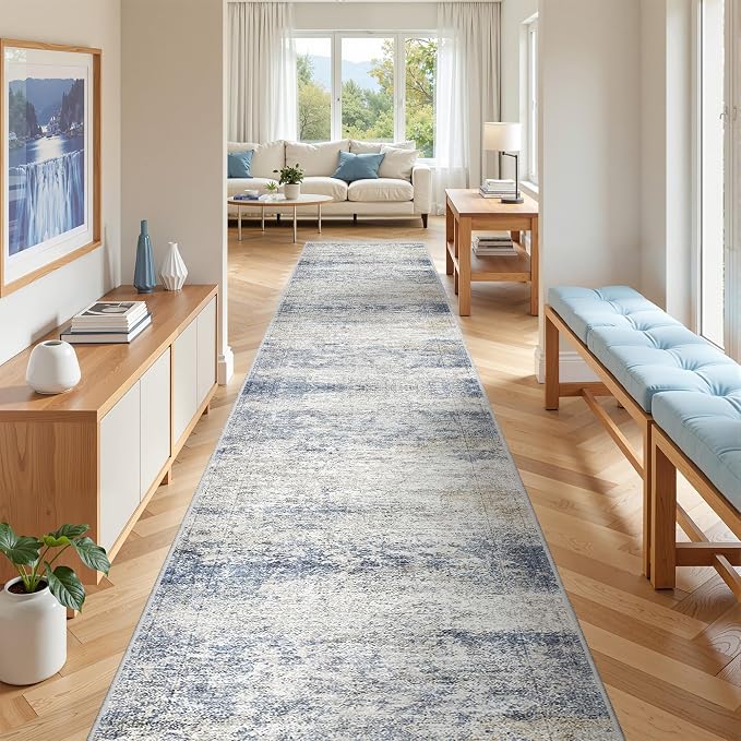 3x18 Runner Rug Non Slip,Washable Hallway Runner Rug,Blue | Extra Long Runner Rugs for Hallway,Entryway,Bedroom,Living Room,Dining Room,Thin,Soft Rug,Stain Resistant Indoor Carpet