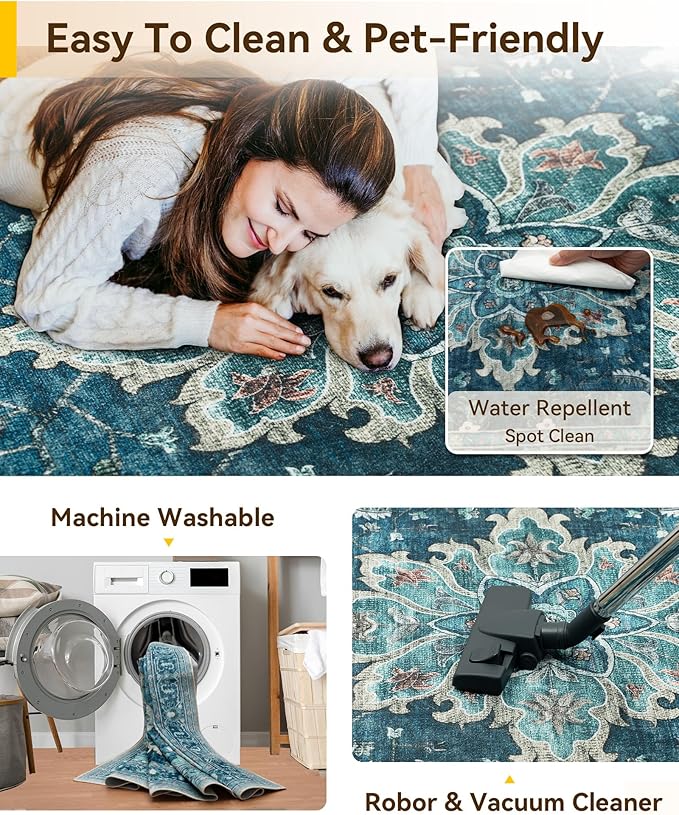 RELEANY Area Rugs Runner 2'x7' Washable Non-Slip, Floral Vintage Distress Medallion Carpet for Kitchen Hallway Bedroom Beside Laundry Room Bathroom, Teal Green Lake Blue Turquoise