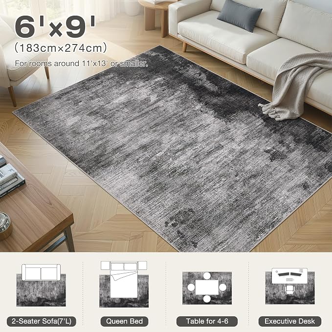 DMOYEST 6x9 Area Rug - Washable & Non Slip Indoor Rug for Living Room, Kid & Pet Friendly Abstract Low Pile Soft Carpet for Bedroom and Dining Room - Dark Grey Blue