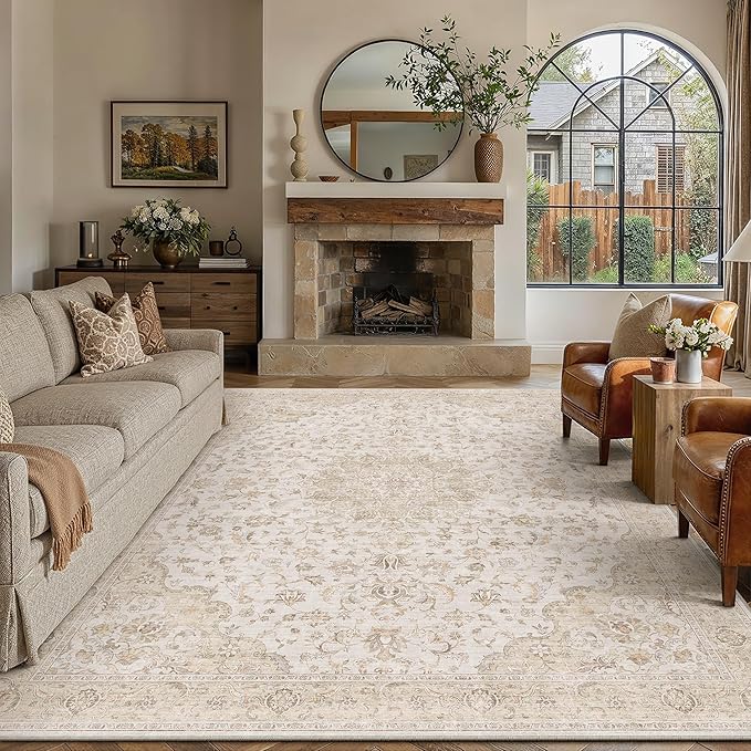 PureCozy 9x12 Area Rug Washable Neutral Beige Brown Vintage Floral | Non Slip, Soft Low Pile, Indoor Carpet for Living Room, Bedroom, Dining Room, Farmhouse Decor