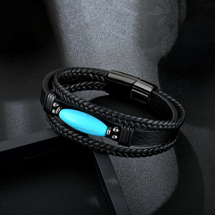 Mens Turquoise/Lapis Lazuli/Tiger Eye/Black Agate/Obsidian Leather Braided Bracelets for Father's Day/Birthdays/Graduation Jewelry Wristband Cuff Bracelet with Stainless Steel Clasp