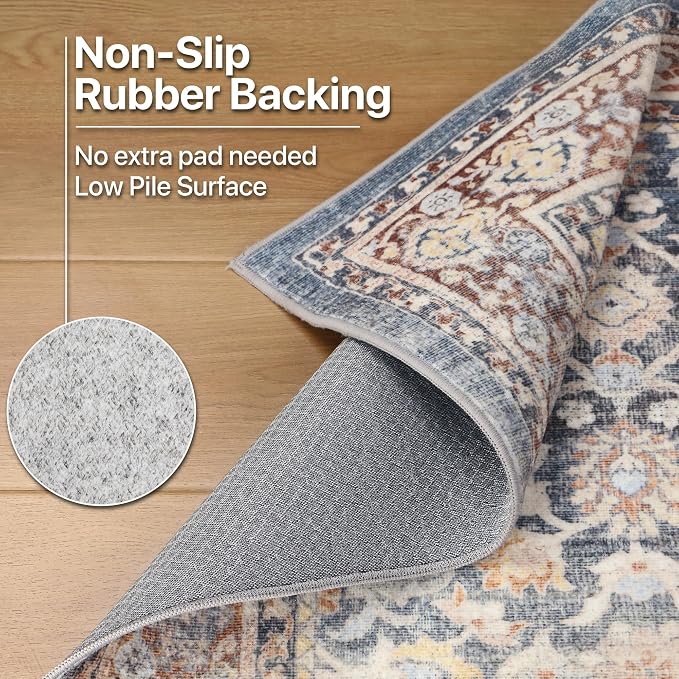 BESBLEE 6X9 Area Rugs Machine Washable Rugs for Living Room, Vintage Boho Large Rugs for Bedroom Dining Room, Non Slip Indoor Soft Distressed Lightweight Thin Low Pile Carpet, Blue Grey