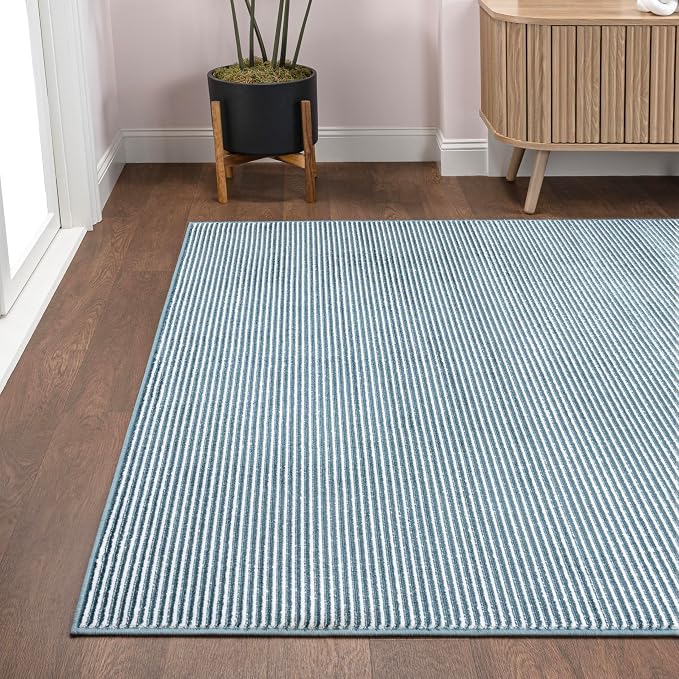 JONATHAN Y Cole Pinstripe High-Low Blue/White Indoor Area Rug, 4x6, Modern, Minimalist, Easy-Cleaning for Living Room, Bedroom, Kitchen, Pet Friendly, Non-Shedding (CAR101B-4)