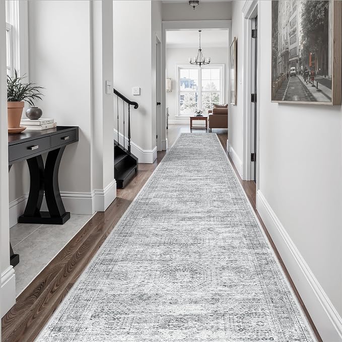 Soalmost Hallway Runner Rug 3x16 - Vintage Non Slip Washable 16ft Kitchen Runner for Entrance Soft Long Carpet Runners for Living Room Bedroom Dining Room, Grey