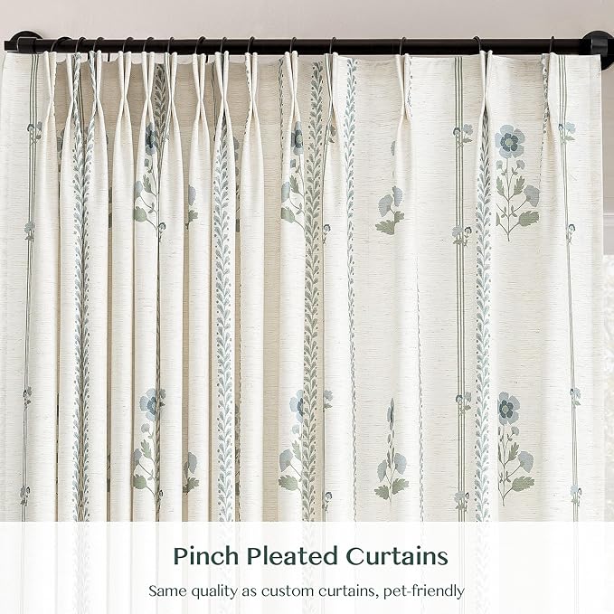 Pinch Pleated Curtains for Living Room Bedroom Dining Room - 92 Inches Light Filtering Floral Curtains Luxury Linen Drapes Farmhouse Window Curtains with Hooks - 2 Panels Set, 40" W x 92" L