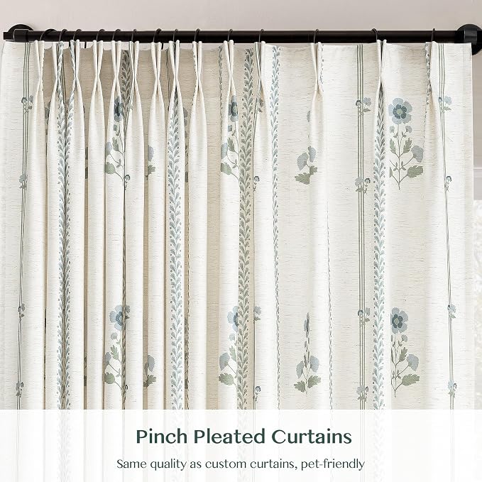 THREE GIRLS Pinch Pleated Curtains for Living Room Bedroom Dining Room - 120 Inches Light Filtering Floral Curtains Luxury Linen Drapes Farmhouse Window Curtains with Hooks - 2 Panels Set