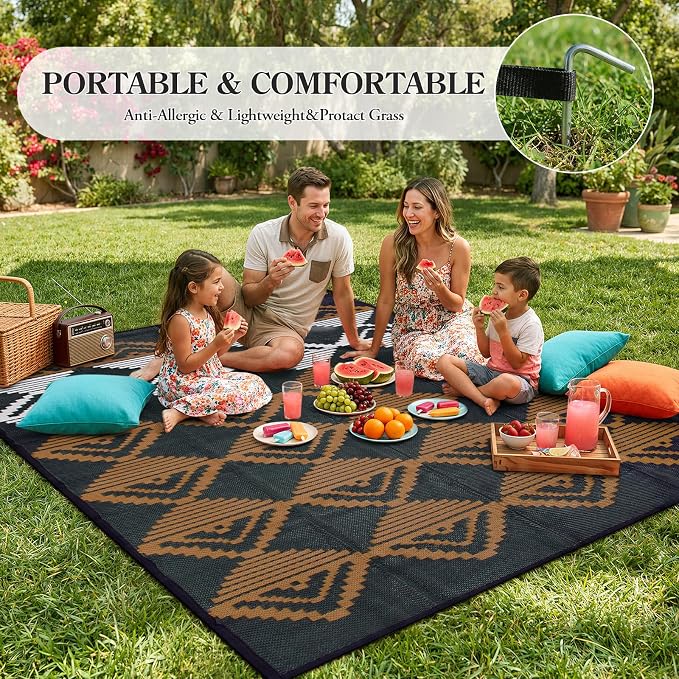 Beeiva RV Outdoor Rug 6x9 Waterproof for Camping, Reversible Plastic Straw Rug for Camper, Porch, Balcony, Foldable Outdoor Mat Black Brown