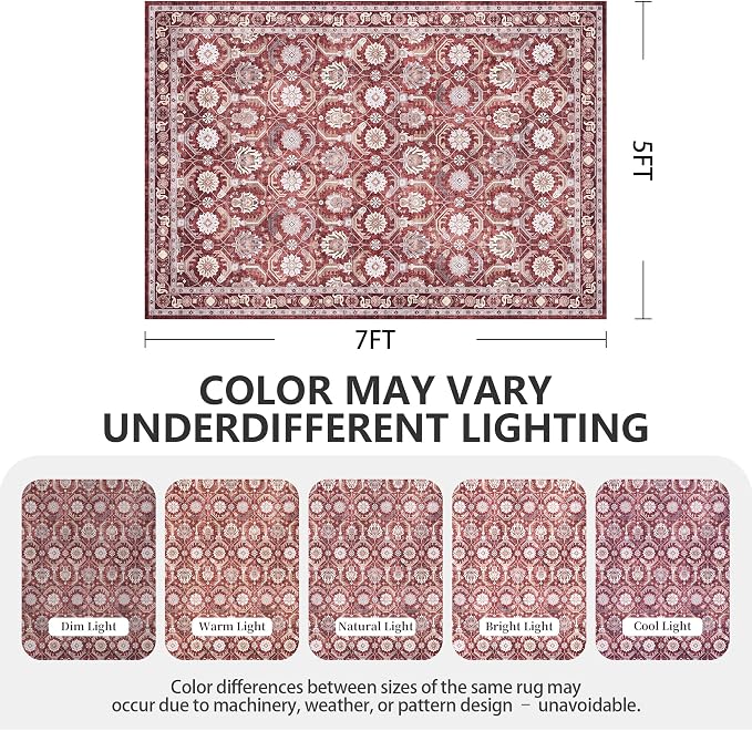 Living Room Rug 6x9, Soft Non Slip Low Pile Washable Rug, Boho Modern Area Rug for Bedroom, Dining Room, Red