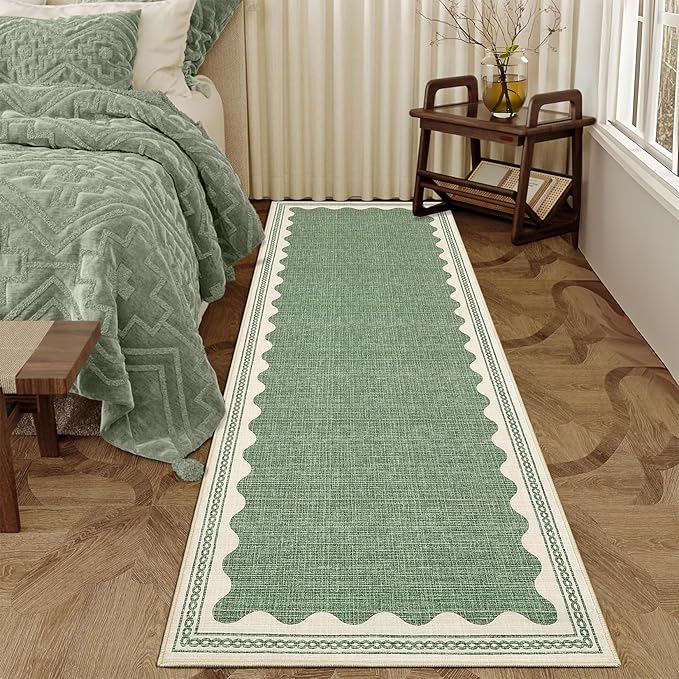 GarveeHome Scalloped 2x6 Runner Rug for Hallway Washable Kitchen Rugs Non Slip Solid Sage Green Modern Soft Low-Pile Indoor Carpet for Entryway Laundry Room Floor Mats