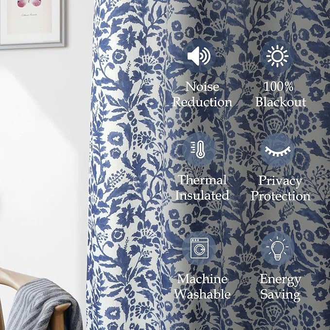 DriftAway Julia 100% Blackout Curtains Grommet 2 Panels, W52xL84, Navy | Floral Curtains, Bedroom, Living Room, Linen Blend, Watercolor Pattern, 2 Layers, Thermal Insulated, Window Treatment