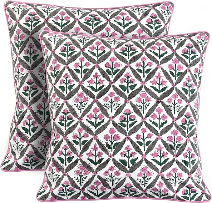 Ridhi Block Print Pink and White Pillow Cover 20" x 20" (Pack of 2) Decorative Couch Pillows for Living Room, Chic Boho Cute Outdoor Pillows Covers Gifts for Spring, Easter and Valentine