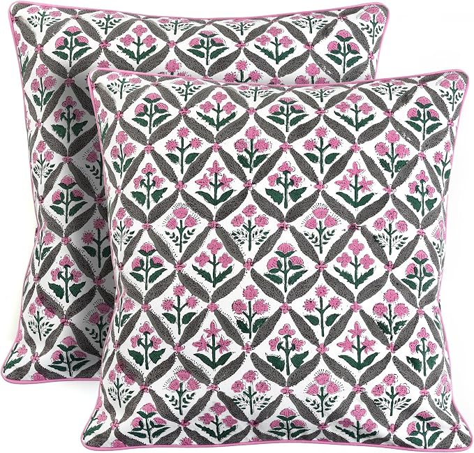 Ridhi Block Print Pink and White Pillow Cover 18" x 18" (Pack of 2) Decorative Couch Pillows for Living Room, Chic Boho Cute Outdoor Pillows Covers Gifts for Spring, Easter and Valentine