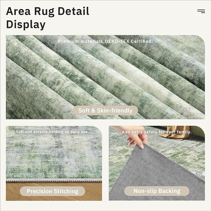 Soalmost Area Rug 10x12 Vintage Washable Living Room Large Carpet Non Slip Bedroom Indoor Office Dining Room Low Pile Thin Rug Green/Ivory