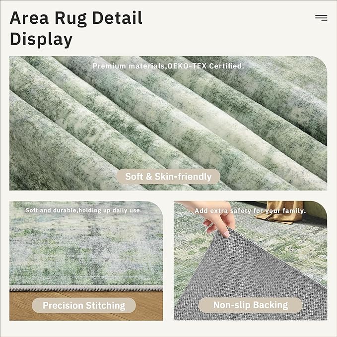 Soalmost Area Rug 6x9 Abstract Rugs for Living Room 6 x 9 Washable Rugs Green Non Slip Low Pile Rugs for Bedroom Dining Room Foldable Thin