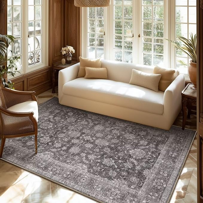 Washable 4x6 Rugs, Boho Vintage Non-Slip Distress Rugs, Dark Grey | 0.3" Neutral Throw Rugs for Bedroom Kitchen Nursery Living Room, Cushioned Area Rug for High-traffic