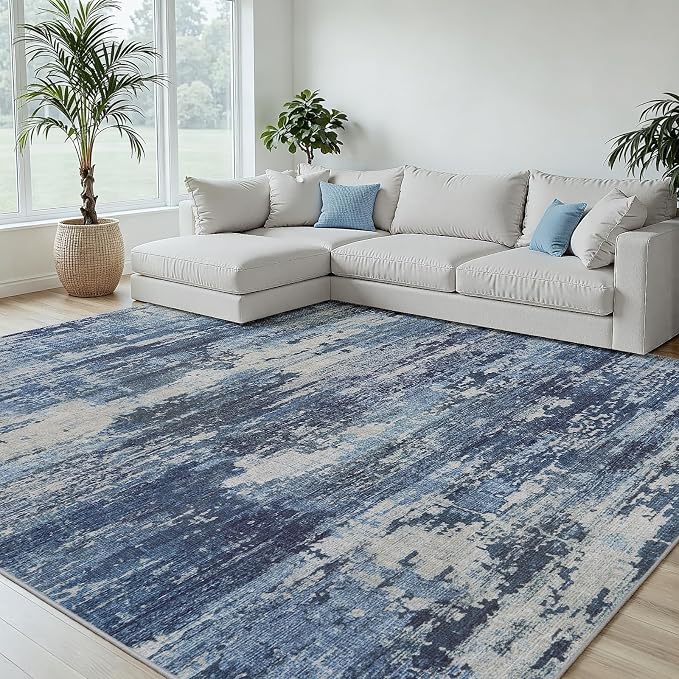 5x8 Area Rugs Living Room Rug Modern Abstract Neutral Washable Rugs Non Slip Soft Carpet Large Area Rug Low Pile Stain Resistant Non Shedding for Bedroom Nursery Dining Room Home Office Navy Blue