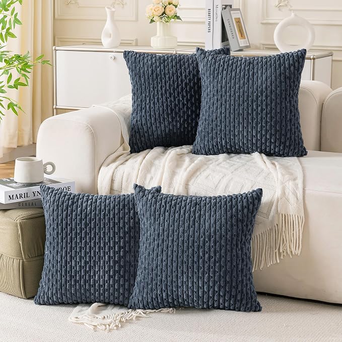 Set of 4 Grey Blue Decorative Throw Pillow Covers 20x20 Inch Corduroy Pillow Covers for Bed Couch Sofa Living Room Soft Square Cushion Cases